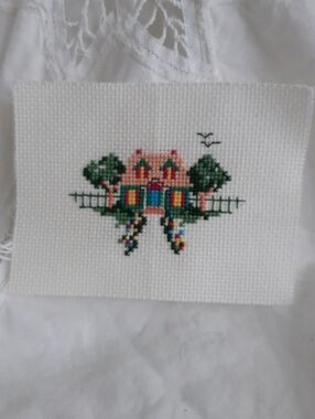 Handmade Cross-Stitched House with Trees - White Background